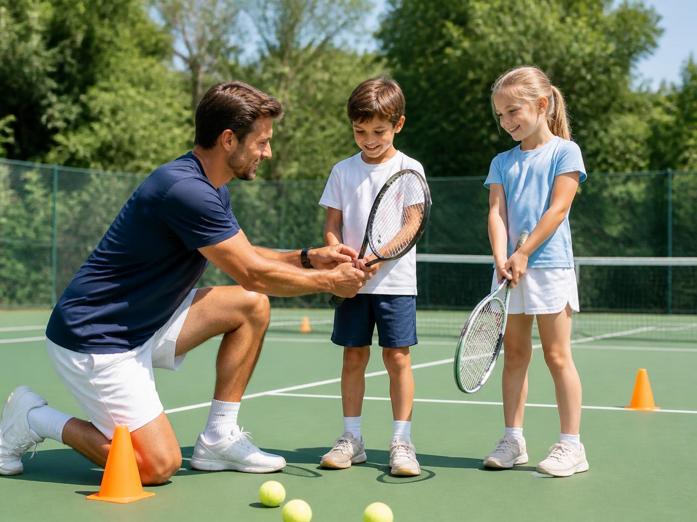 A coach kneeling on an outdoor court showing two young children how to grip a tennis racket during a school holiday camp
