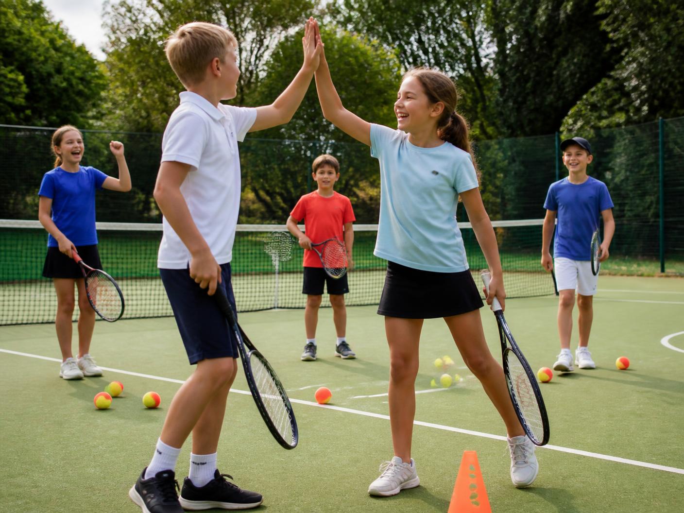 Children high-fiving and cheering during a fun group tennis game at an outdoor camp in Dublin 18