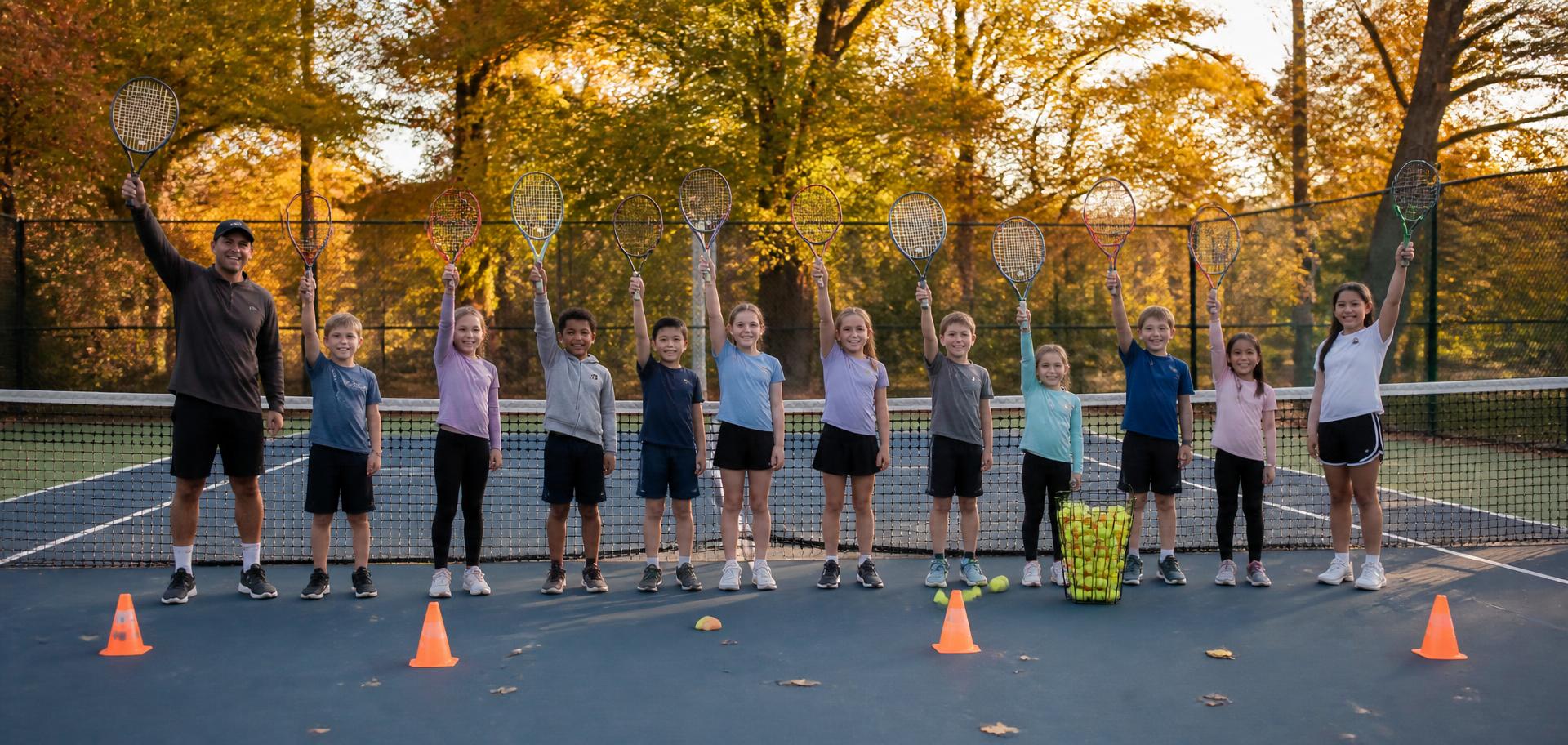 A group of children aged 6 to 13 standing with their coach on an outdoor tennis court in autumn, holding their rackets in the air